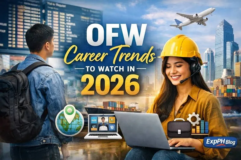 Filipino OFW exploring global and remote career opportunities in 2026 with digital tools, city skyline, and travel background representing future overseas work trends.