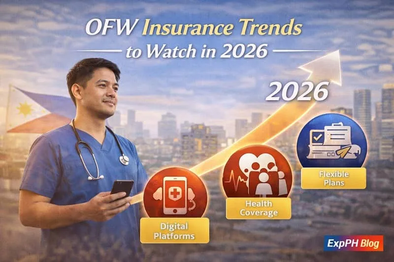 OFW insurance trends to watch in 2026 showing a Filipino overseas worker using digital tools with health coverage and flexible insurance plans, including ExpPH Blog logo