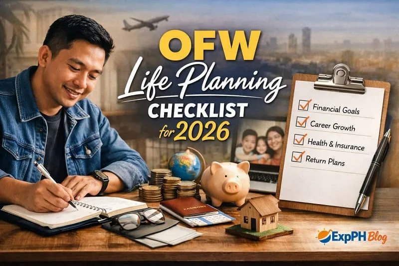Filipino OFW planning life goals with checklist, savings, passport, and family photo for OFW Life Planning Checklist for 2026