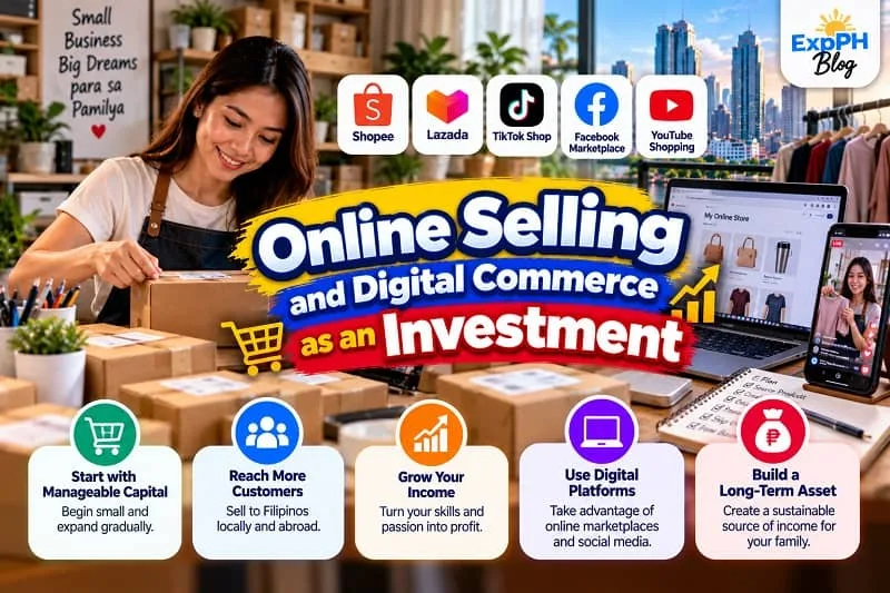 Filipino woman packing online orders in a small home-based business, with a laptop storefront, smartphone shopping, and e-commerce platform icons representing digital business opportunities.