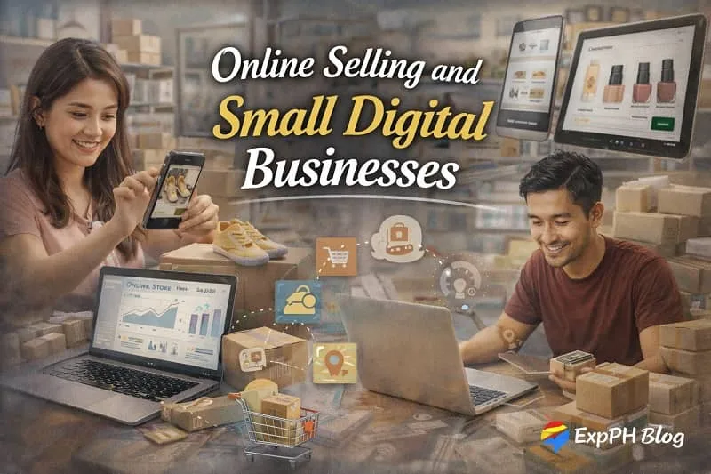 Filipino family managing online selling and small digital business at home using a laptop, smartphone, and packaged products for delivery.