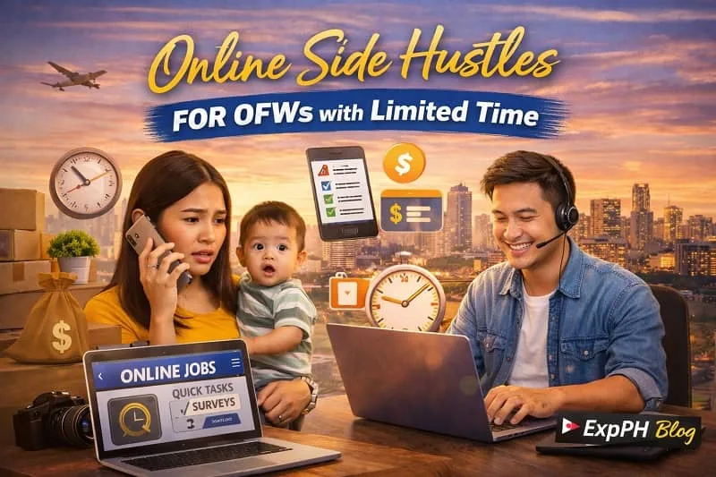 Filipino OFWs managing online side hustles using laptops and smartphones while balancing work and family responsibilities with limited time