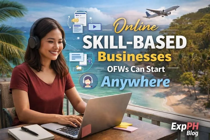 Filipino OFW working online on a laptop while starting a skill-based business from anywhere with ExpPH Blog logo visible