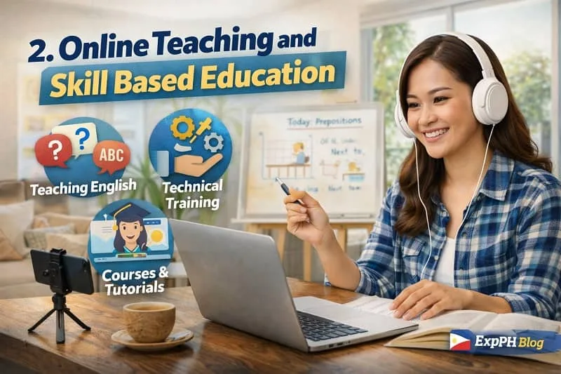 Filipino woman teaching online using a laptop with headset, showing lessons on screen and icons for English teaching, technical training, and online courses