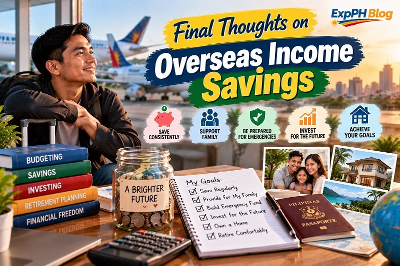 A Filipino overseas worker at an airport beside budgeting books, a savings jar, a financial goals checklist, and a Philippine passport, with images of his family and future home representing long-term financial security.