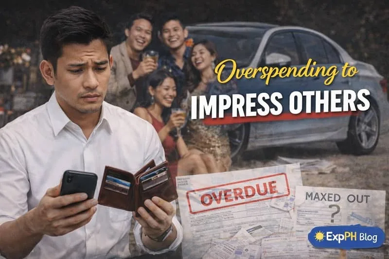 Filipino young adult holding shopping bags and phone with worried expression, showing the impact of overspending to impress others