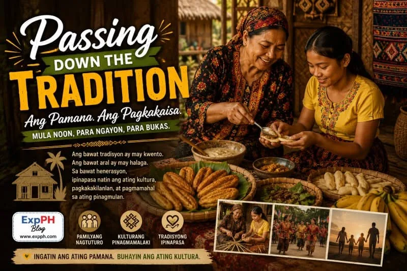 An elder Tausug woman warmly teaching a younger family member how to make traditional Jualan in their home kitchen. The image captures the beautiful passing down of Sulu heritage and includes the ExpPH Blog logo.