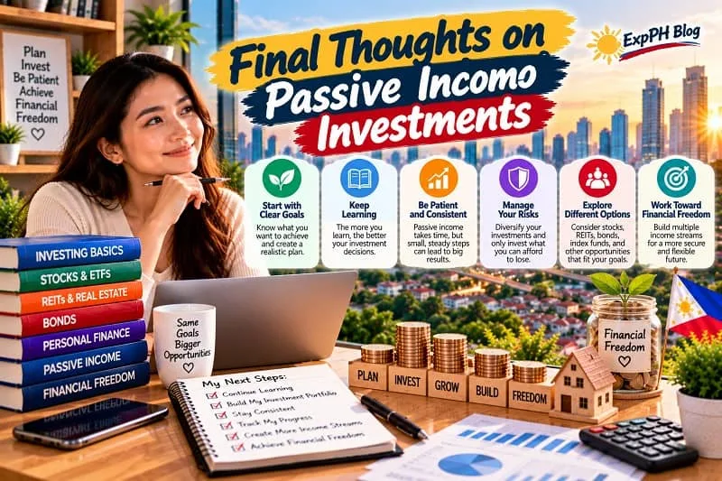 A Filipina woman reviewing her financial goals at a desk, surrounded by investment books, growing coin stacks, a financial freedom savings jar, and illustrations of investment strategies, with the ExpPH Blog logo.