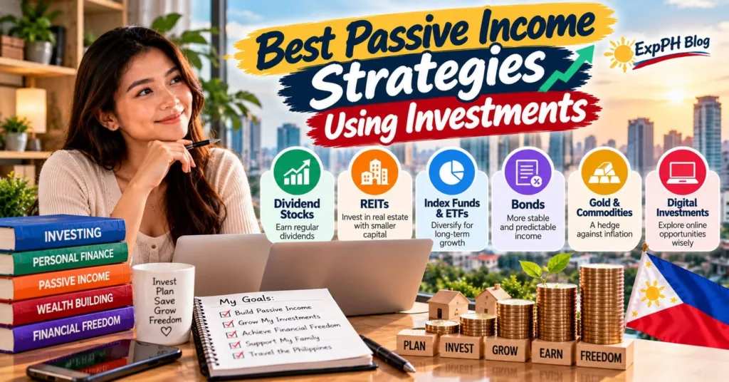 A Filipina woman exploring passive income investment strategies, with dividend stocks, REITs, index funds, bonds, gold, and digital investments illustrated alongside growing coin stacks and the Philippine flag.