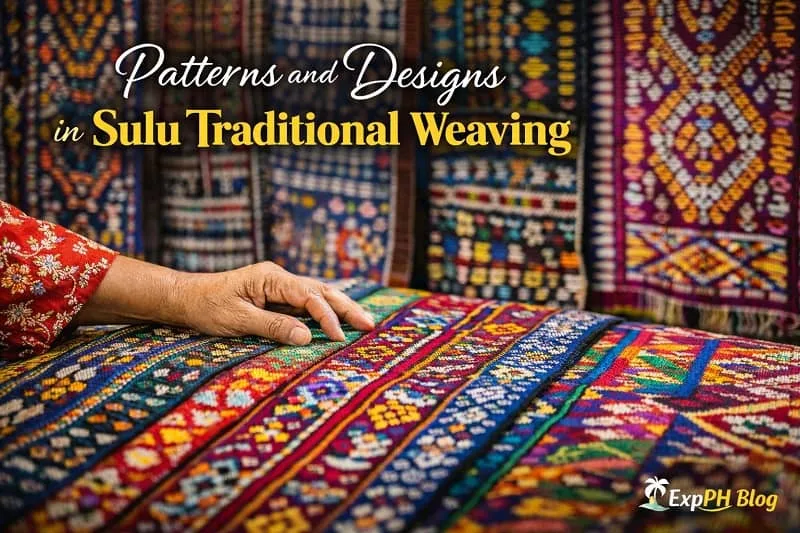 Close up of colorful Sulu traditional woven fabrics showing detailed patterns and designs made by Filipino artisans