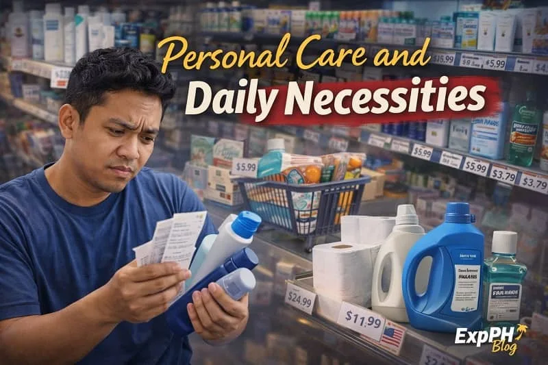 Filipino OFW checking prices of toiletries and daily necessities abroad, showing personal care costs overseas with ExpPH Blog logo