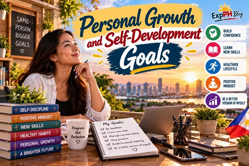 Realistic Filipino woman reflecting on her personal growth goals at a desk with books, a laptop, and a notebook, representing self-confidence, new skills, healthy habits, and a positive mindset, with the ExpPH Blog logo.