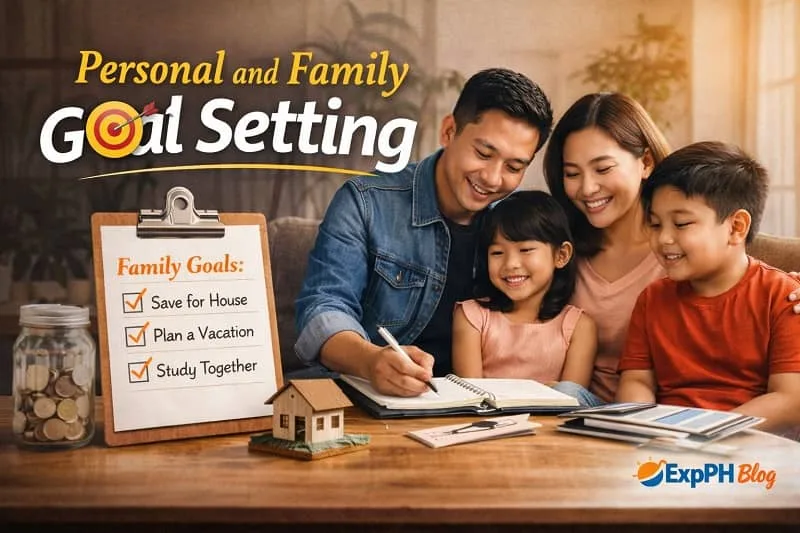 Filipino OFW planning personal and family goals with notebook, family photo, and checklist representing personal and family goal setting abroad