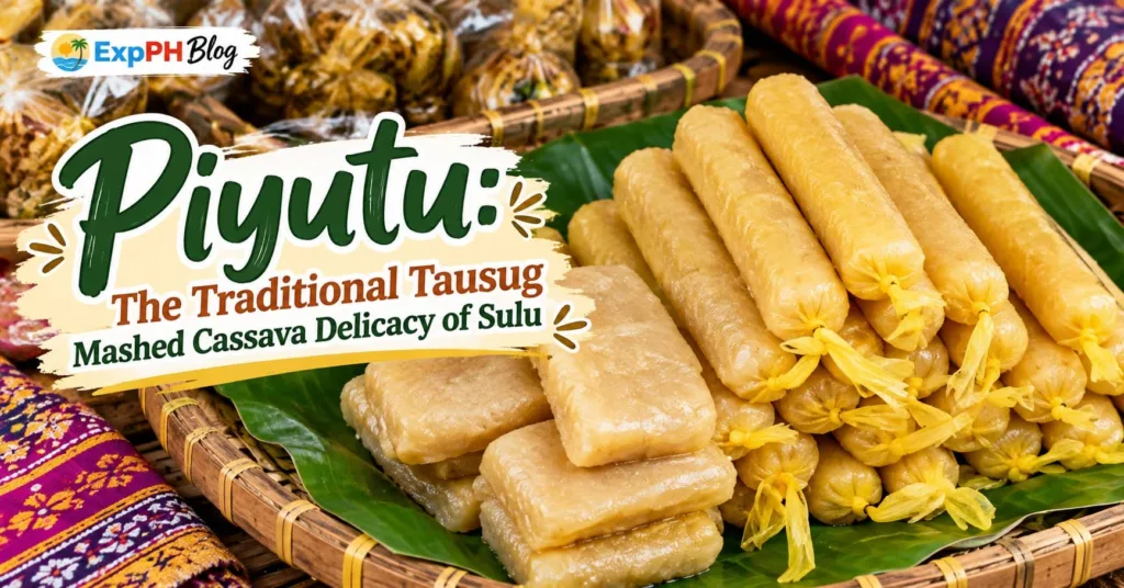 Piyutu, a traditional Tausug mashed cassava delicacy from Sulu, displayed on banana leaves in rectangular pieces and neatly tied cylindrical portions.