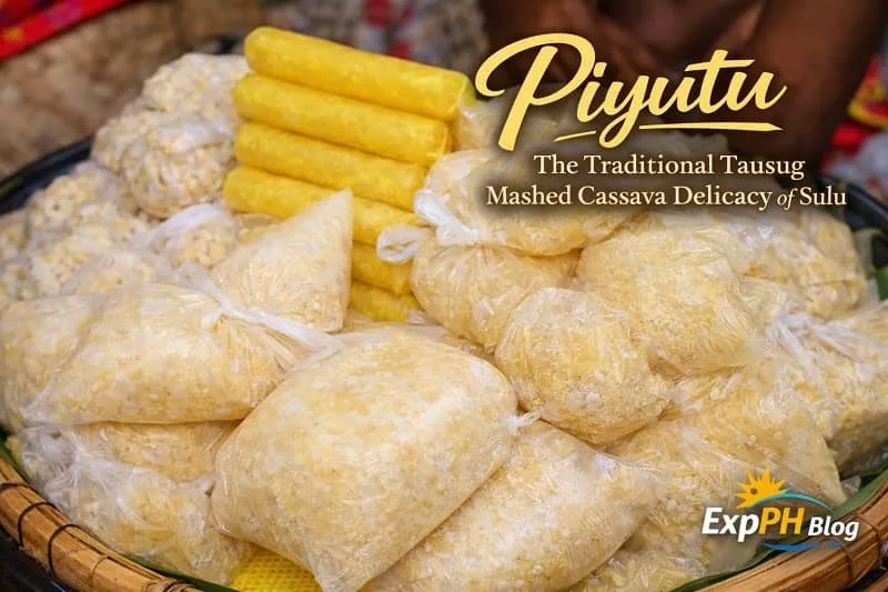 Piyutu Tausug delicacy made from mashed cassava wrapped in plastic bags and arranged in a woven basket in Sulu