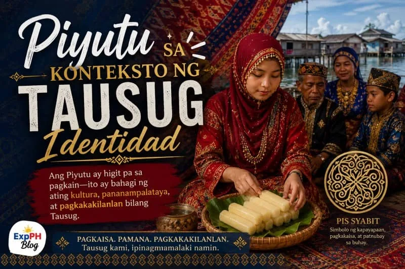 A Tausug family in traditional attire sharing Piyutu, highlighting the connection between food, cultural identity, heritage, and community traditions in Sulu.
