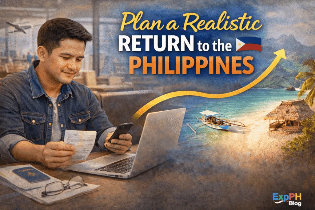 Plan a realistic return to the Philippines showing a Filipino worker preparing documents finances and future plans