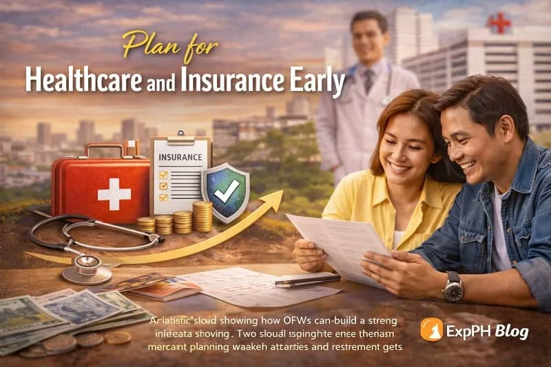 Filipino OFW couple reviewing healthcare and insurance documents with medical symbols, representing early healthcare and insurance planning for OFWs