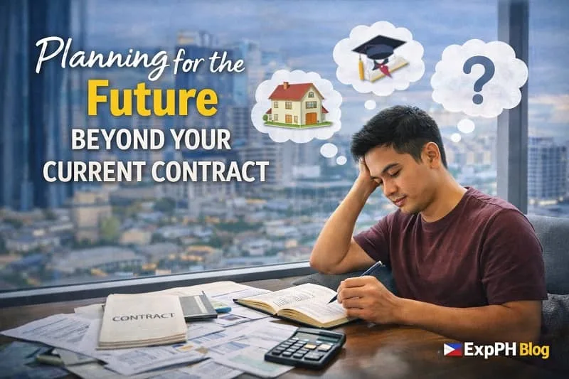 Filipino OFW planning future goals abroad by reviewing contract papers, finances, and long-term plans while working overseas