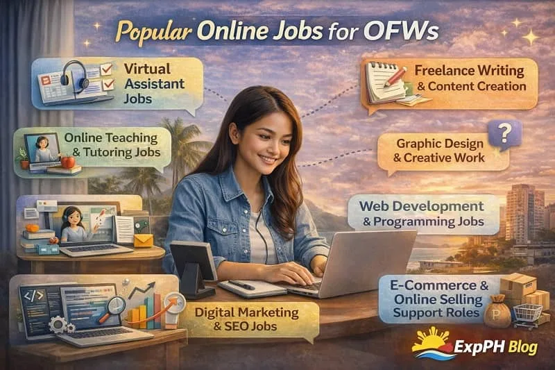 Filipino OFW working on a laptop showing virtual assistant, freelance writing, online teaching, graphic design, web development, digital marketing, and e-commerce online jobs with ExpPH Blog logo