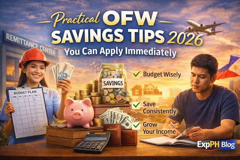 Filipino overseas workers practicing smart saving habits in 2026, showing budgeting, consistent saving, and income planning with ExpPH Blog logo