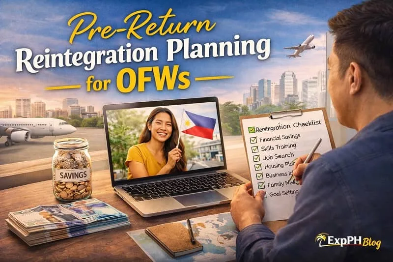 Filipino OFW preparing to return home with luggage, documents, and financial planning materials, representing pre-return reintegration planning for OFWs in the Philippines