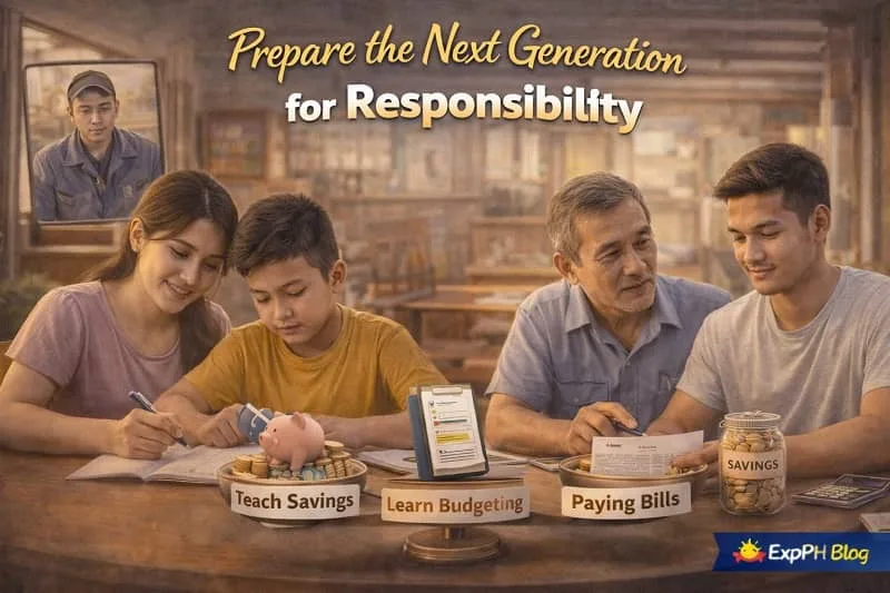 Filipino parents guiding children in saving money, budgeting, and handling responsibilities at home, showing how OFW families prepare the next generation for responsibility.