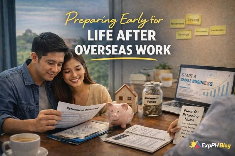 Filipino OFW couple planning retirement and business goals with savings jars, documents, and a laptop, representing early preparation for life after overseas work