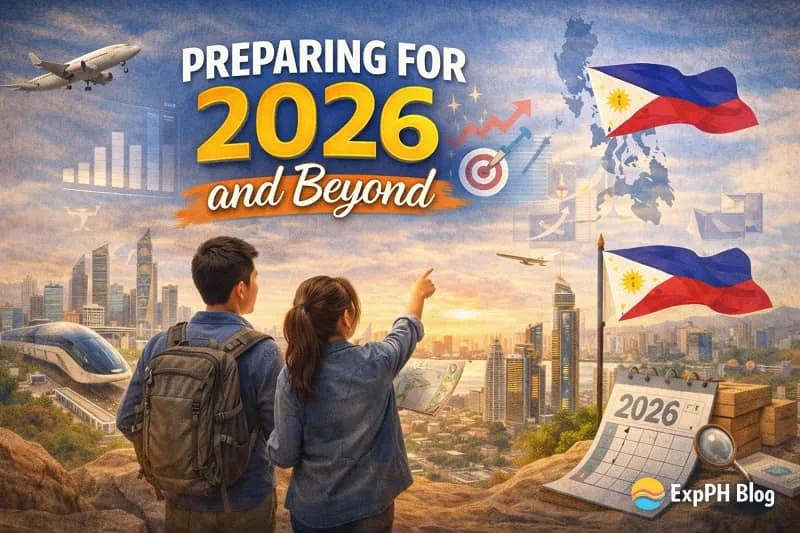 Filipino individuals looking ahead to the future with a modern city skyline, symbolizing growth, planning, and opportunities for OFWs beyond 2026.