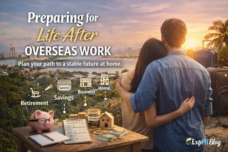Filipino couple planning life after overseas work, showing savings, retirement planning, home goals, and financial preparation with ExpPH Blog logo