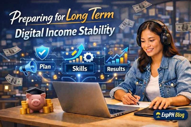Filipino digital worker planning long term online income stability while working on a laptop with ExpPH Blog logo visible