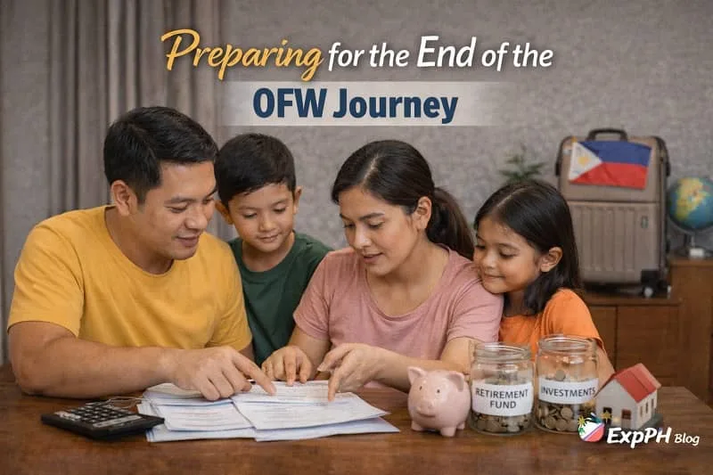 Filipino family planning finances together at home as they prepare for the end of an OFW journey and future stability.