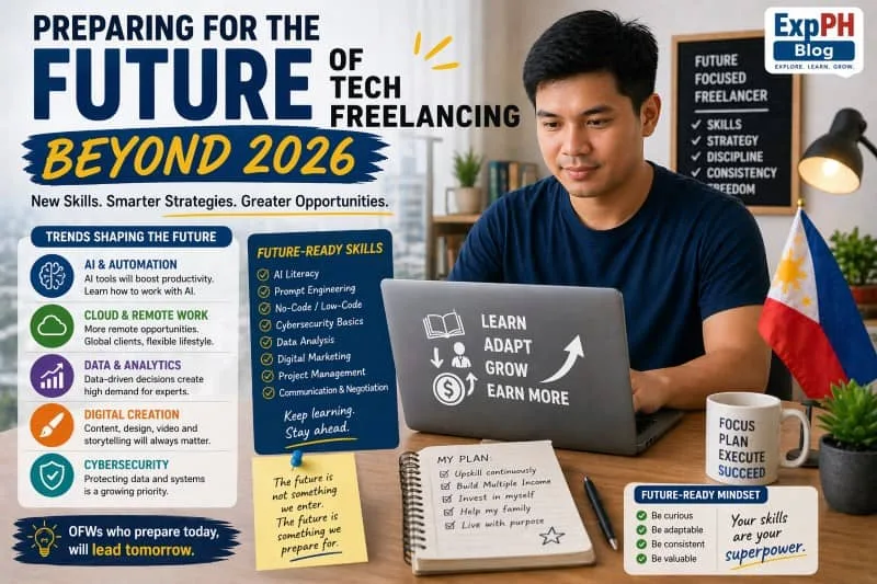 Filipino freelancer working on a laptop with future tech skills and trends displayed, including AI, data, and remote work, with ExpPH Blog logo