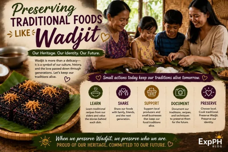 A heartwarming scene of a Filipino family gathered together to make traditional Wadjit black rice cake, passing the beloved recipe down to the next generation.