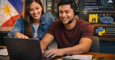 Filipino professionals working on a laptop with programming language icons, representing programming languages for Filipinos and OFWs in 2026