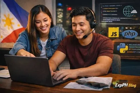 Filipino professionals working on a laptop with programming language icons, representing programming languages for Filipinos and OFWs in 2026