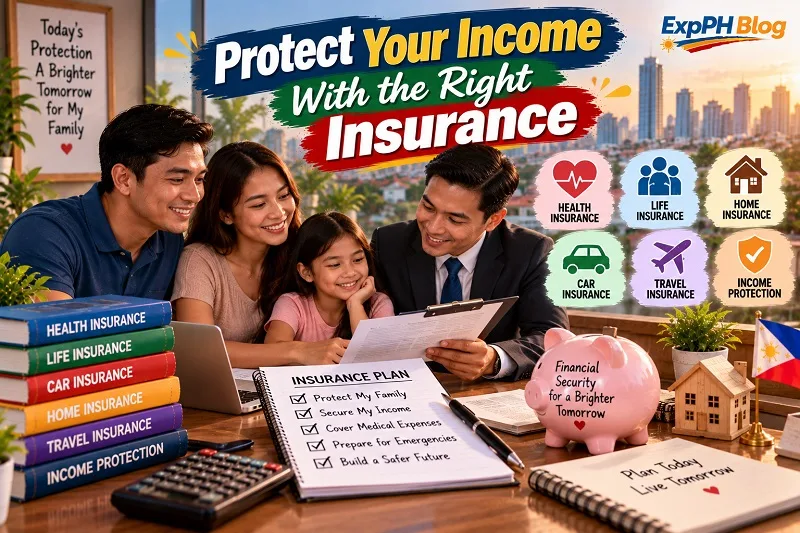 Protect your income with the right insurance, featuring a Filipino family reviewing coverage options for health, life, home, car, travel, and income protection.