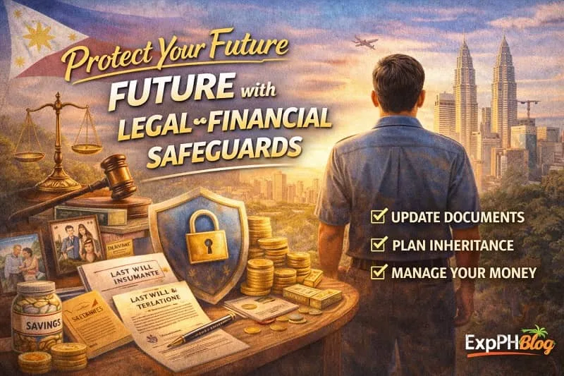 Protect Your Future with Legal and Financial Safeguards showing Filipino OFWs securing documents savings and legal protection abroad with ExpPH Blog logo