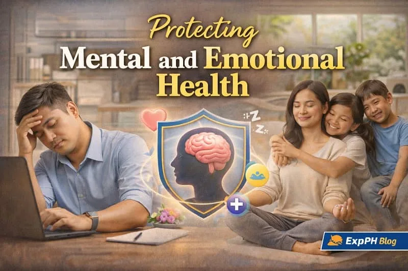 Filipino individuals practicing stress management and emotional care at home, showing calm routines, family support, and healthy mental well-being.