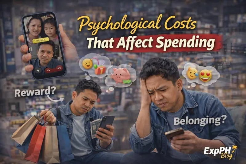 Filipino OFW looking stressed while reviewing expenses abroad, showing psychological costs that affect spending such as stress, homesickness, and emotional pressure, with ExpPH Blog logo