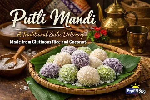 Putli Mandi Sulu Delicacy made from glutinous rice and coconut served on banana leaves with traditional Filipino setting and ExpPH Blog logo