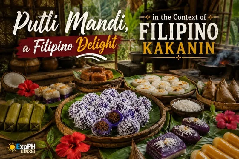 Traditional Putli Mandi displayed alongside various Filipino kakanin on banana leaves, highlighting its place among the diverse rice-based delicacies of the Philippines.