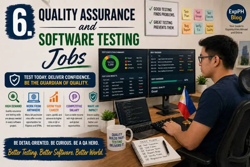A Filipino quality assurance tester reviewing software on a laptop and multiple screens in a modern workspace, highlighting QA and software testing roles with ExpPH Blog branding.