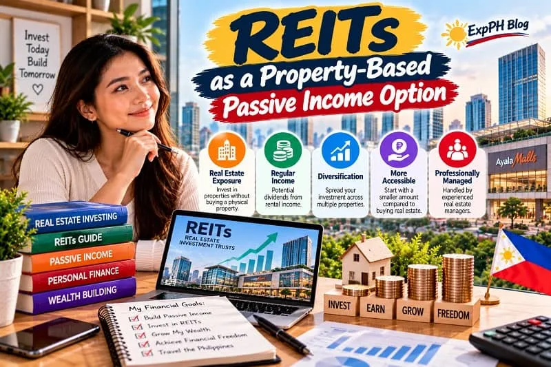 A Filipina woman learning about REITs as a passive income investment, with commercial buildings, a rising investment chart, stacks of coins, a model house, and the Philippine flag, featuring the ExpPH Blog logo.