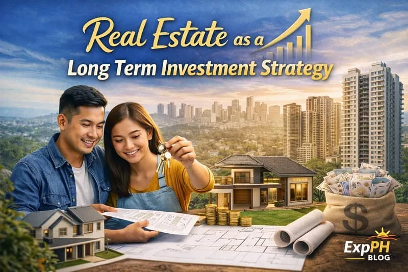 Filipino couple planning a long term real estate investment, showing house models, property documents, city skyline, and ExpPH Blog logo
