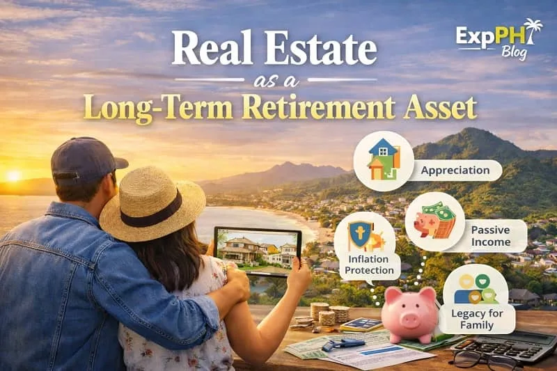 Filipino OFW couple planning retirement through real estate investment, showing a home property, savings, and coastal Philippine setting for long-term financial security
