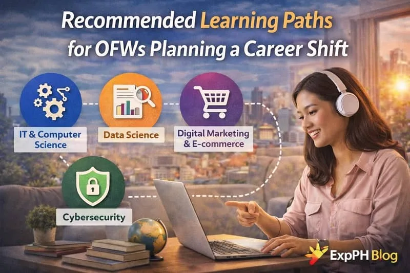Filipino OFW reviewing recommended learning paths for a career shift using a laptop with skill roadmap visuals and ExpPH Blog logo