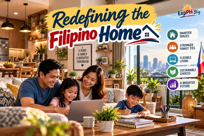 Realistic Filipino family spending time together in a warm, modern home with a laptop, children’s learning materials, indoor plants, natural wood furniture, and a balcony overlooking the city, featuring the ExpPH Blog logo.