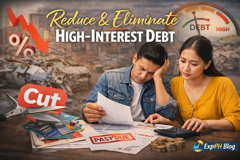 Reduce and eliminate high-interest debt showing a Filipino couple reviewing bills and credit cards while planning repayment to regain financial control