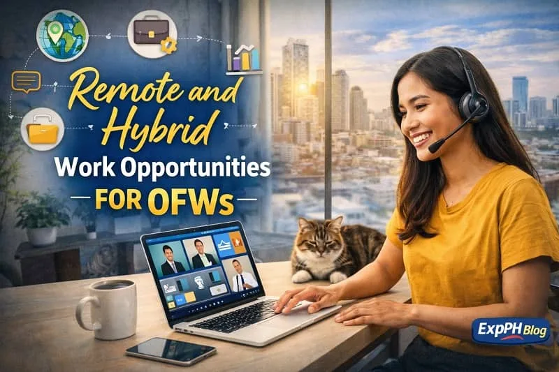 Filipino OFW working remotely from home using a laptop and headset, representing remote and hybrid work opportunities with a city skyline background and digital work icons.